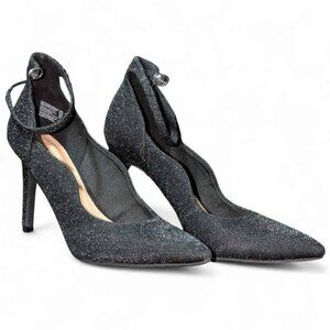 Christian Siriano Black Glitter Heels Size 9.5 4.5 Inch Stiletto Pointed Toe